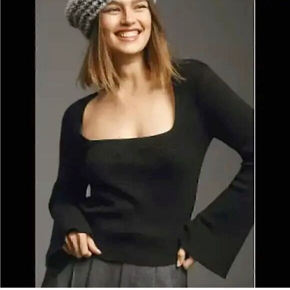 NWT Anthropologie Maeve Square Neck Bell Sleeve Sweater Black Medium - Picture 1 of 3